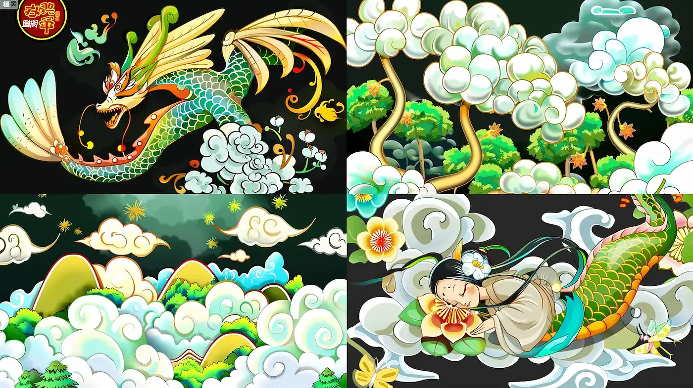 Vibrant East Asian Fantasy with Stylized Elements and a Playful Mood - Midjourney sref style