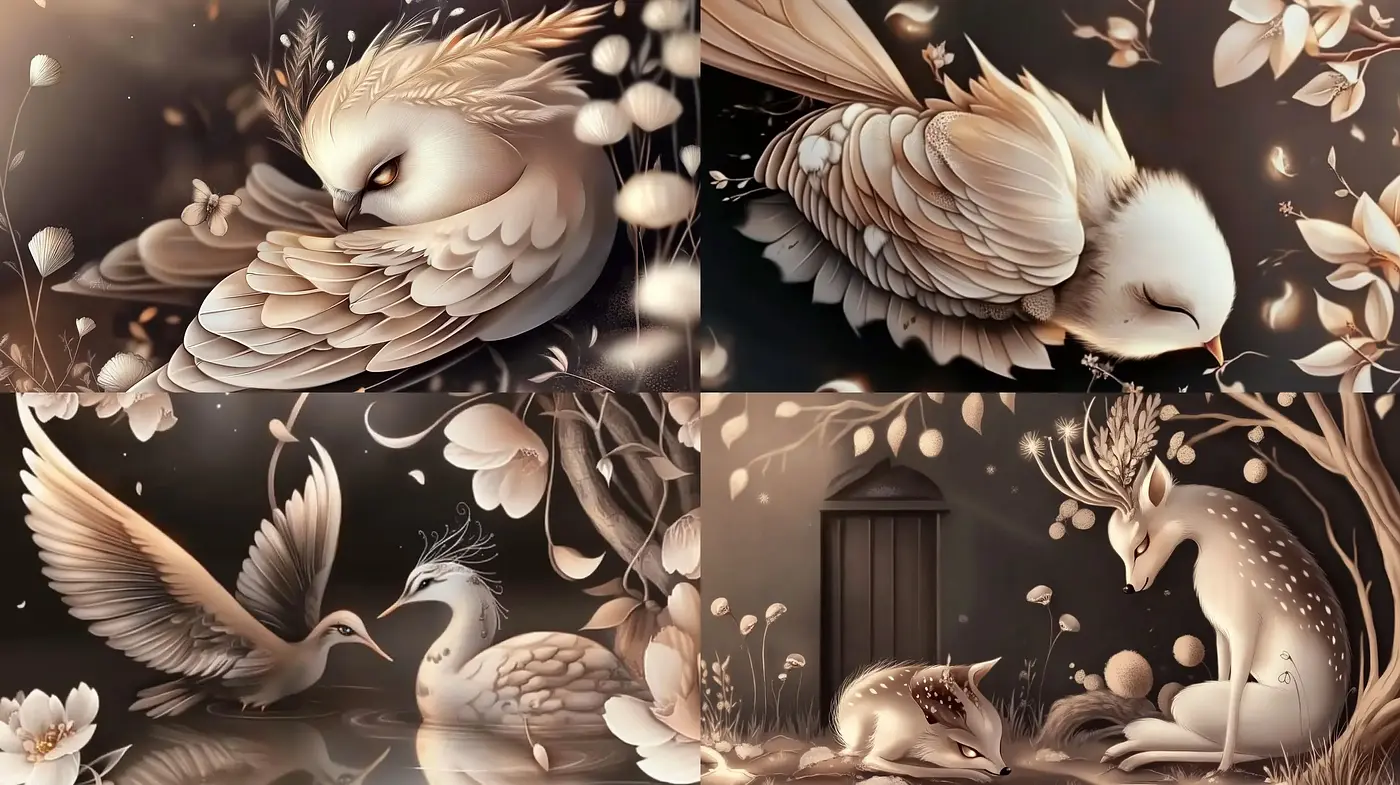 Ethereal Sepia-toned Dreamscape of Stylized Fauna - Midjourney sref style