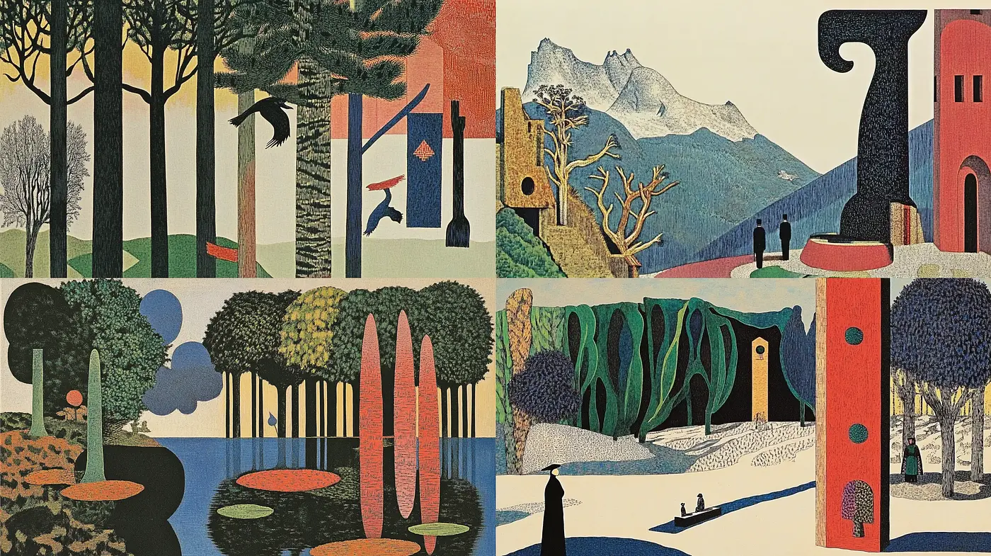 Surreal Landscapes with Stylized Geometry and Nature Meld - Midjourney sref style