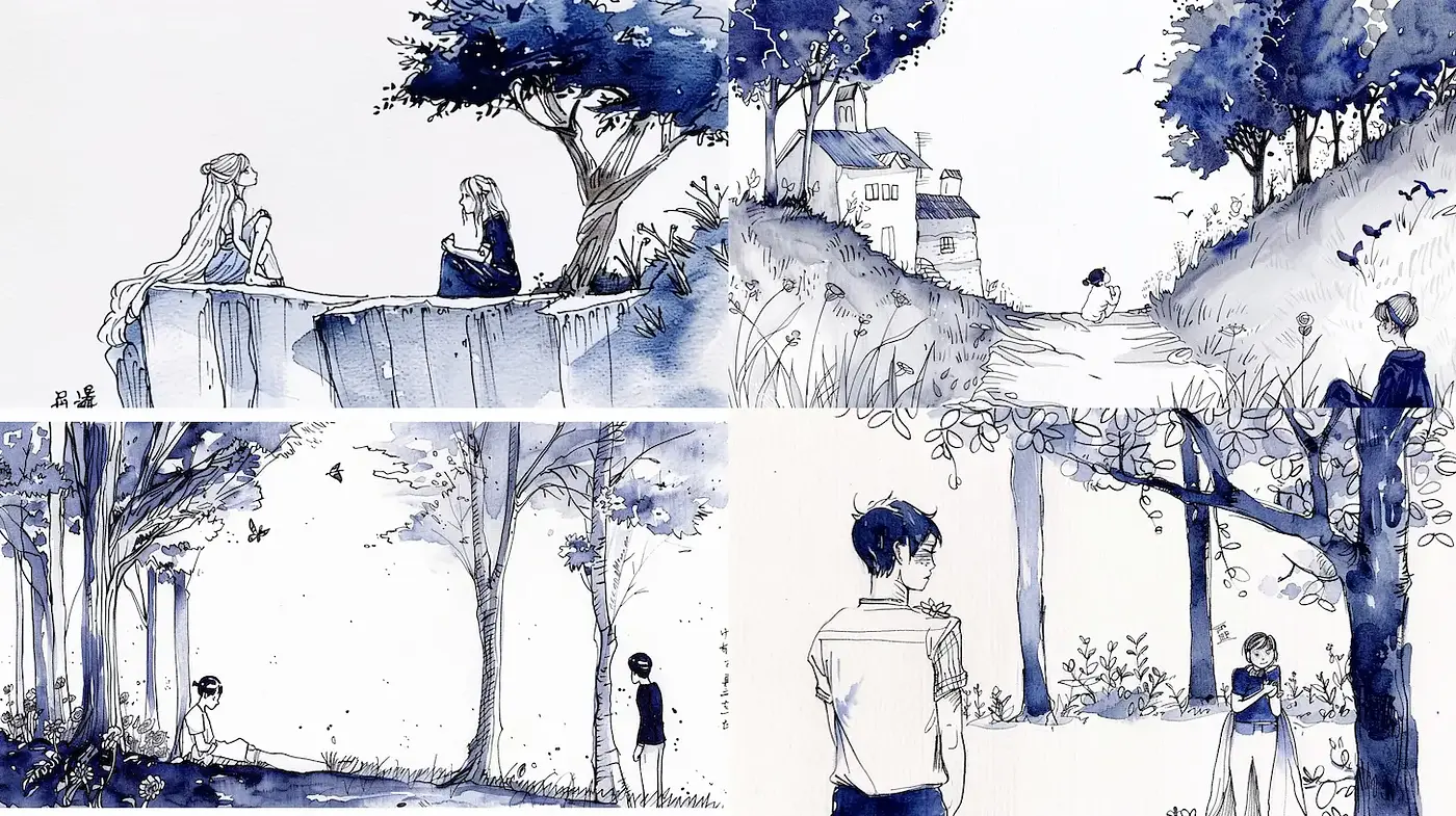Whimsical Blue Ink Illustrations with a Dreamy Atmosphere - Midjourney sref style