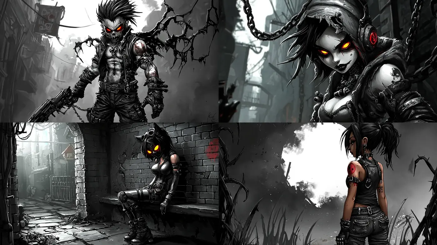 Cybernetic Dystopia: A Gritty Tale of Monochromatic Rebellion - Midjourney sref style