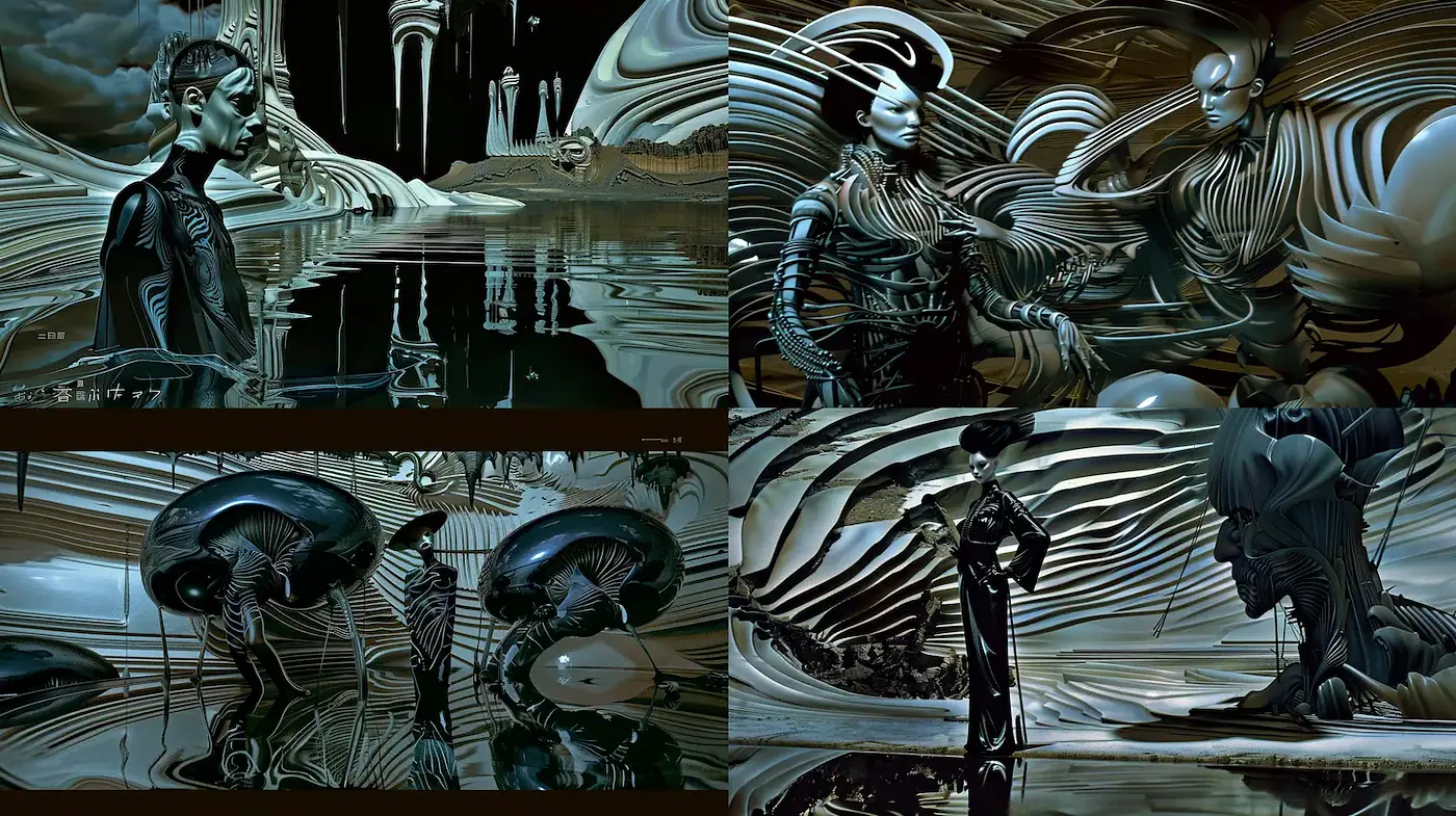 Futuristic, surreal exploration of organic and mechanical forms in a dreamlike state - Midjourney sref style