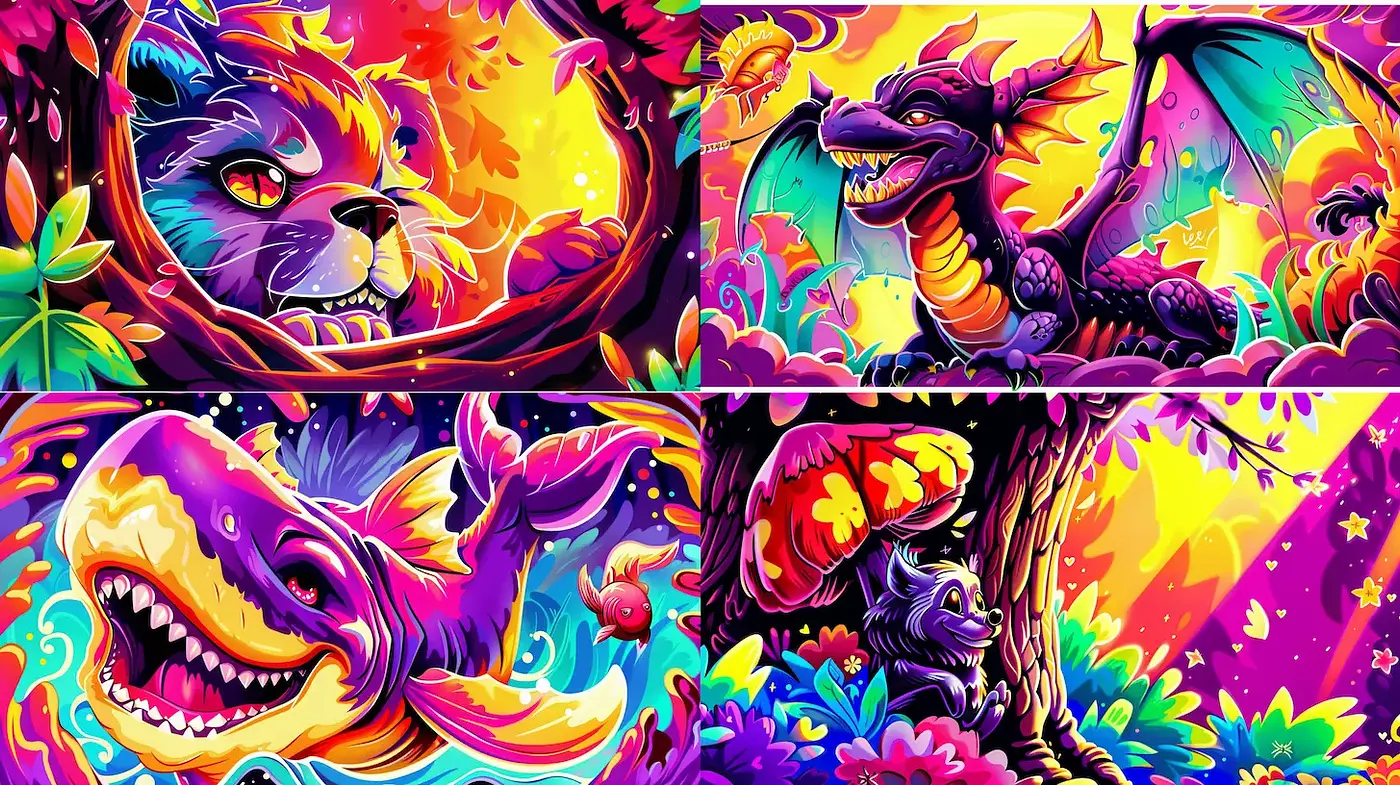 Vibrant and Whimsical Fantasy Art with Lively Creatures - Midjourney sref style