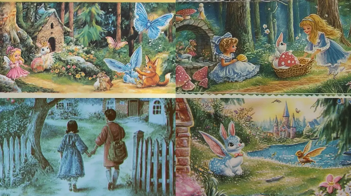 Enchanted Storybook Enclave: A Whimsical Blend of Dynamic Tales and Serene Landscapes - Midjourney sref style