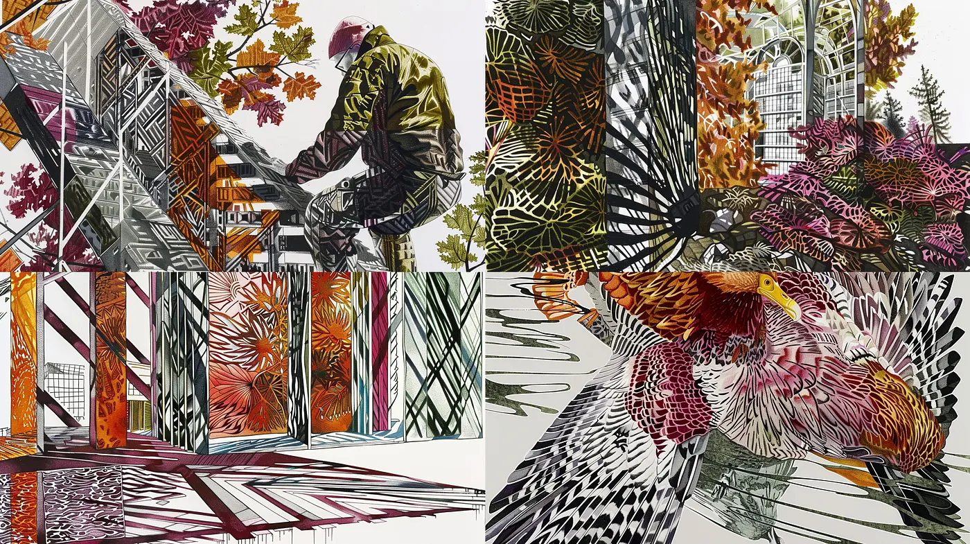 Contemporary Botanical Tapestry: A Fusion of Organic Patterns and Architectonic Structures - Midjourney sref style