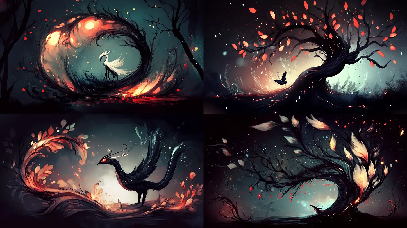 Whimsical Nocturnal Elegance: A Fantasy of Twilight and Flora - Midjourney sref style