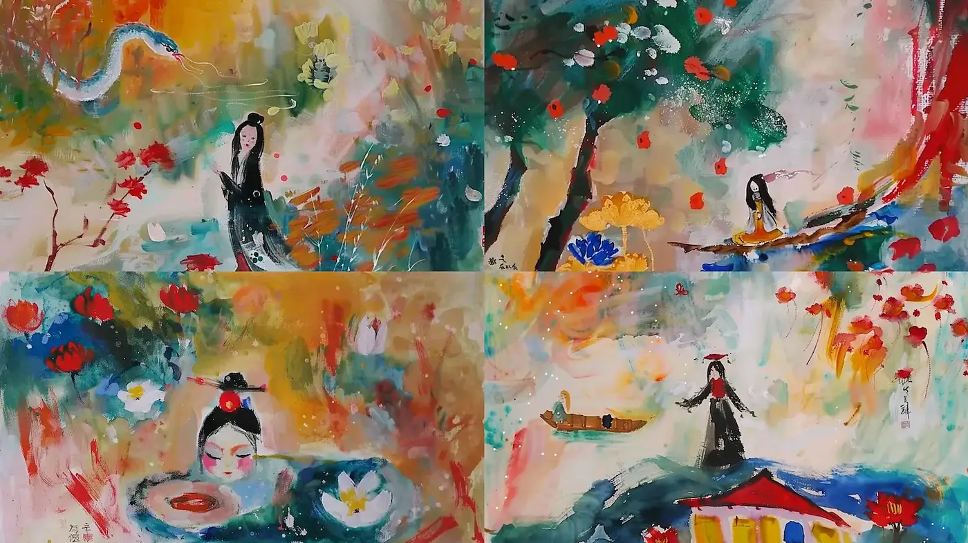 Vibrant Watercolor Impressionism with Cultural Narrative Elements - Midjourney sref style
