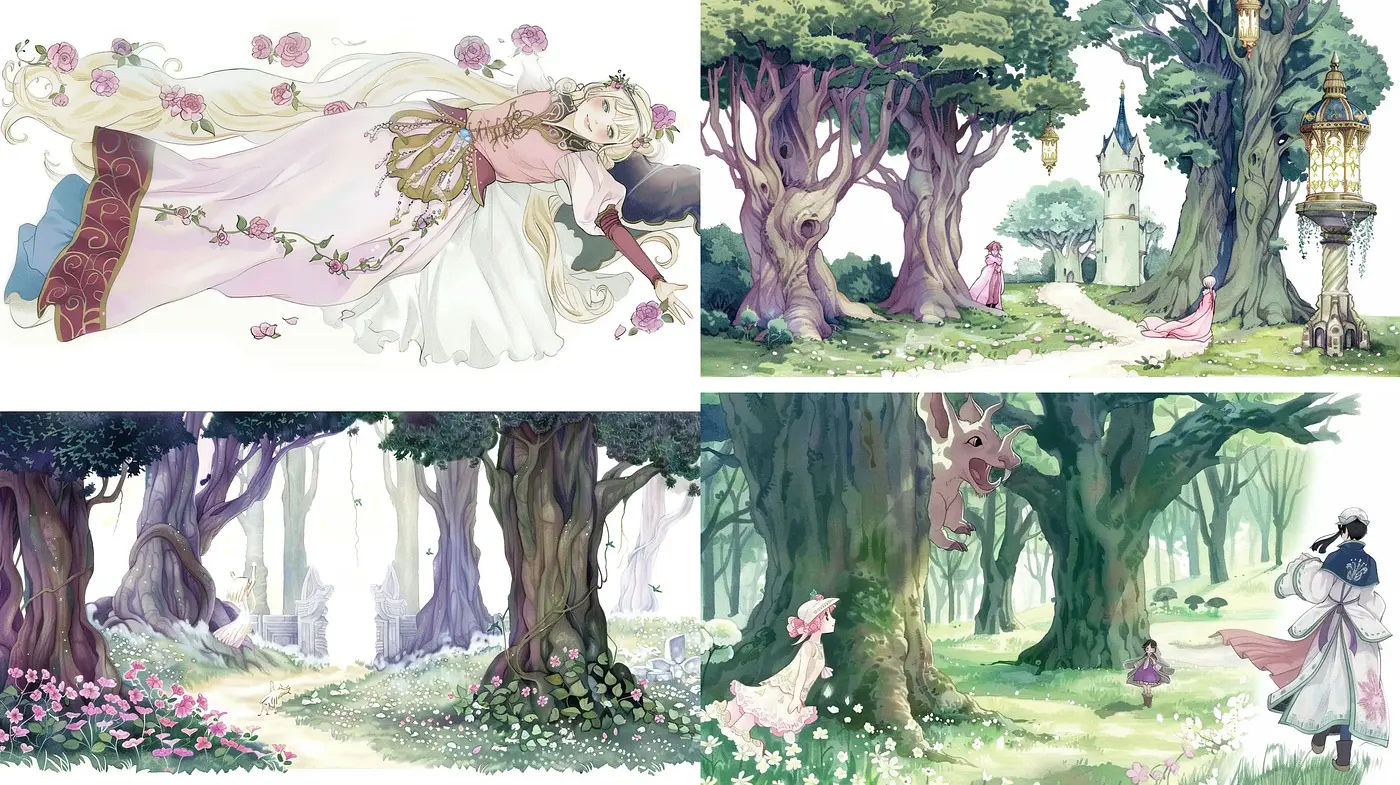 Enchanted Forest Whimsy: A Dreamlike Fusion Between Fantasy Art and Pastel Storybook Illustrations - Midjourney sref style