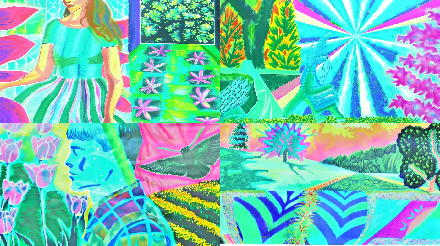 Surreal Dreamscape Fusion with Vibrant Psychedelic Overtones - Midjourney sref style