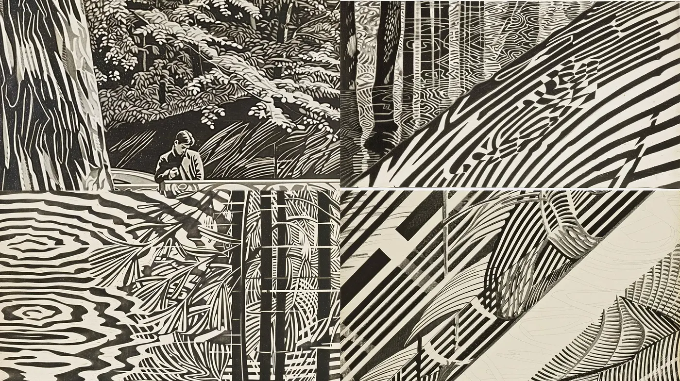 Monochrome Woodcut Aesthetic with Stylized Nature Elements - Midjourney sref style