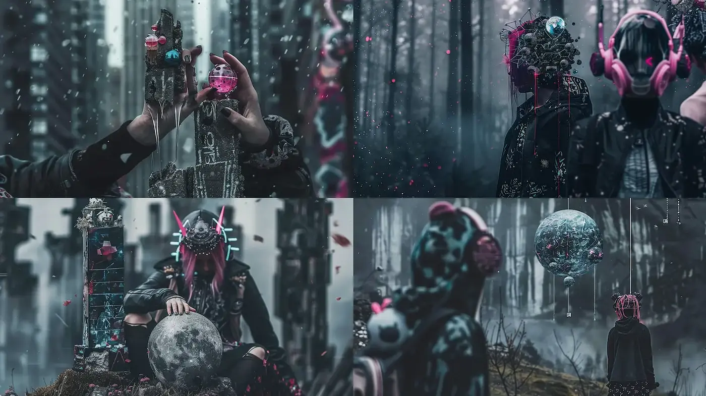 Mysterious Futuristic Scenes with a Techno-Natural Fusion - Midjourney sref style