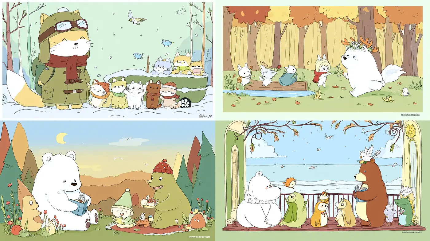 Charming and Whimsical Forest Animal Scenes with a Playful Illustration Style - Midjourney sref style