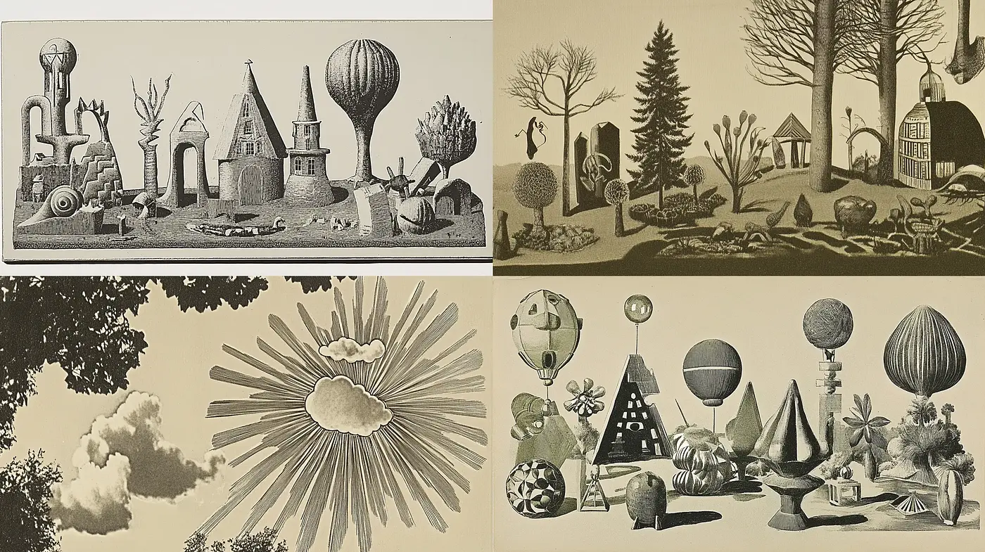 Monochrome Dreamscape: A Homage to Surreal Fantasies and Etched Realities - Midjourney sref style
