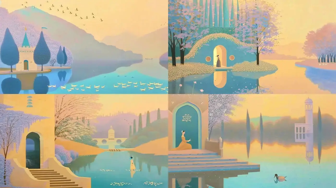 Ethereal Landscapes with Soft Color Palettes and Stylized Elements - Midjourney sref style
