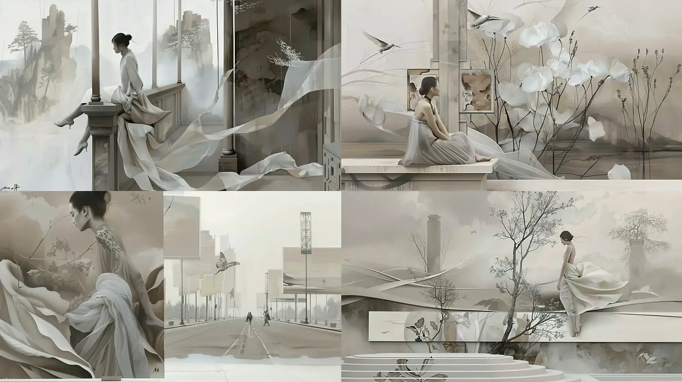 Ethereal Monochrome Elegance with an Ink Wash Painting Influence - Midjourney sref style