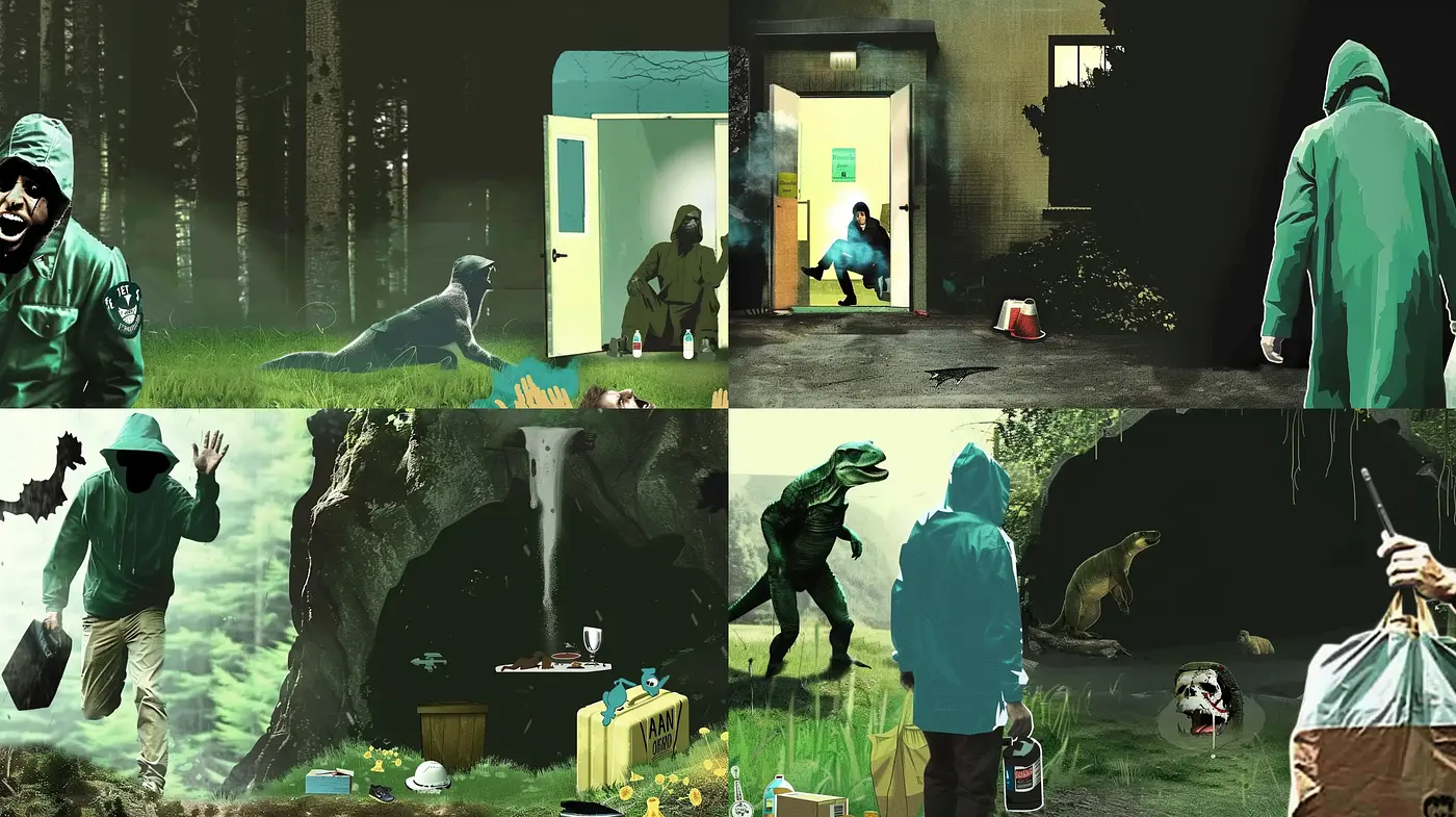 Gloomy Cinematic Exploration in Emerald and Ochre - Midjourney sref style