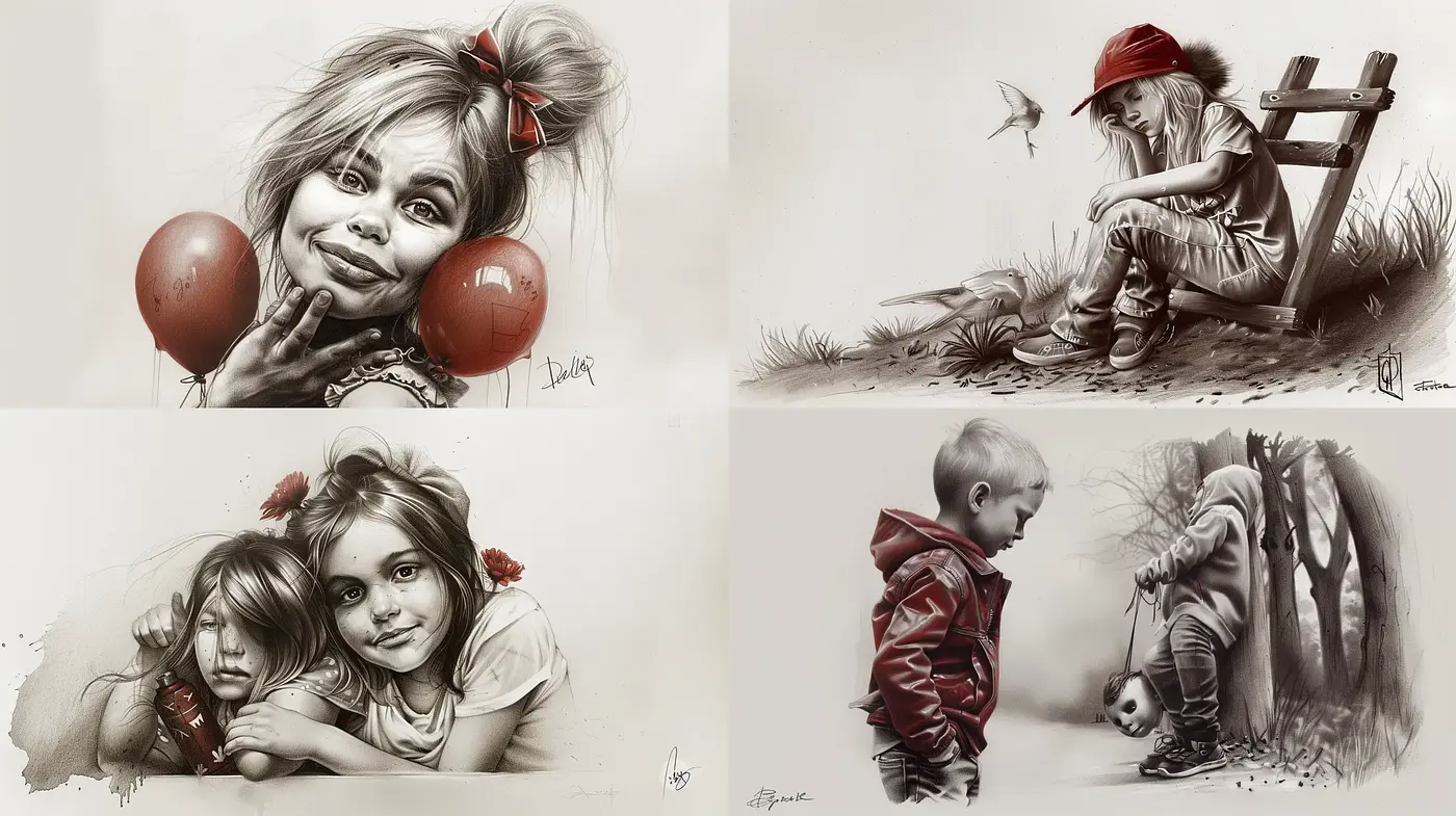 Monochromatic Whimsy: Sepia-toned Vignettes with a Touch of Red - Midjourney sref style