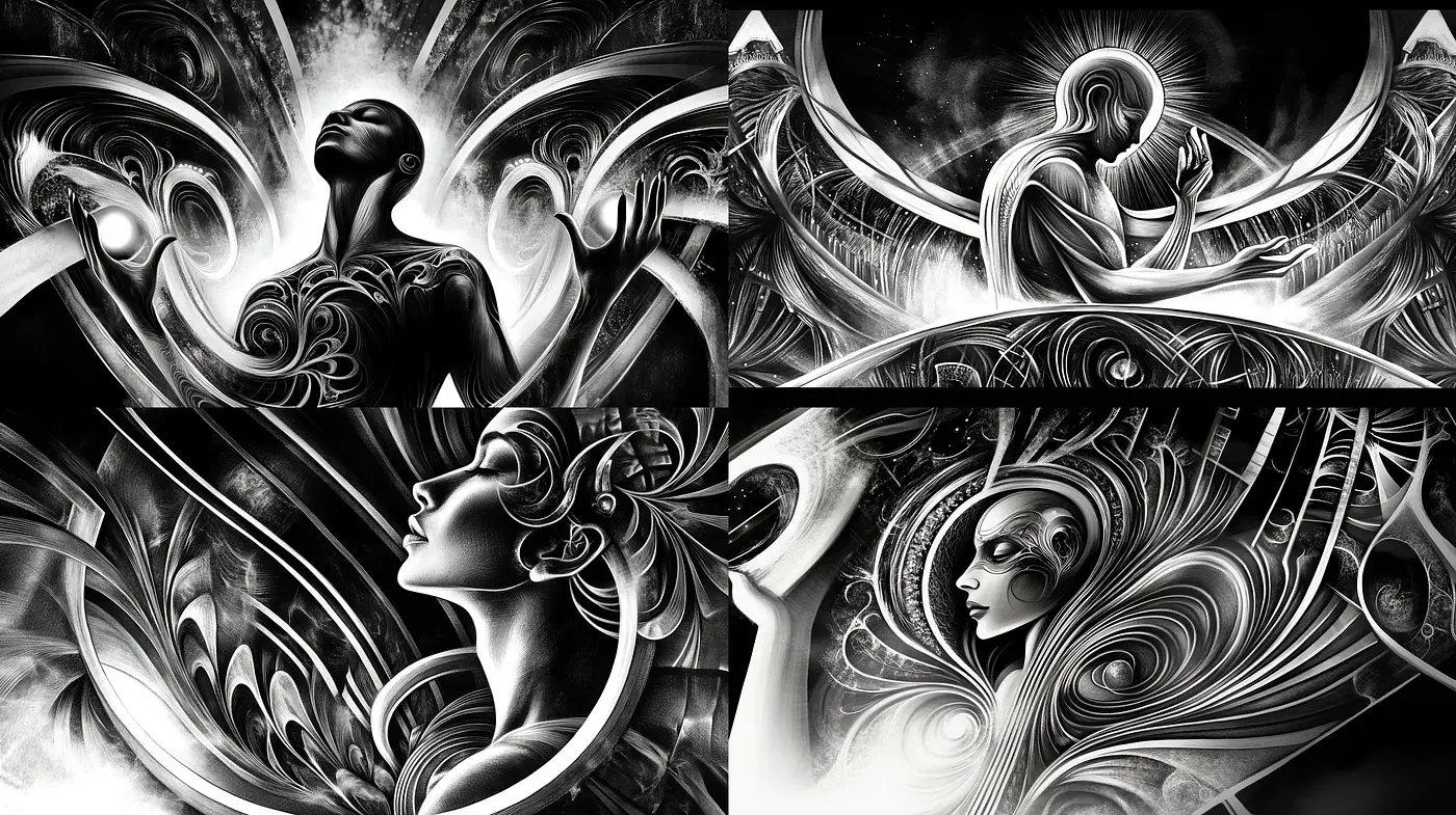 Monochromatic Ethereal Dreamscapes with Surrealistic Forms - Midjourney sref style