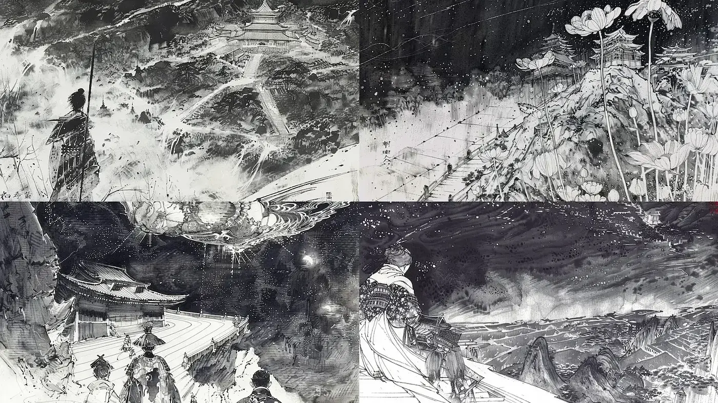 Dynamic monochromatic landscapes blending traditional and contemporary elements - Midjourney sref style
