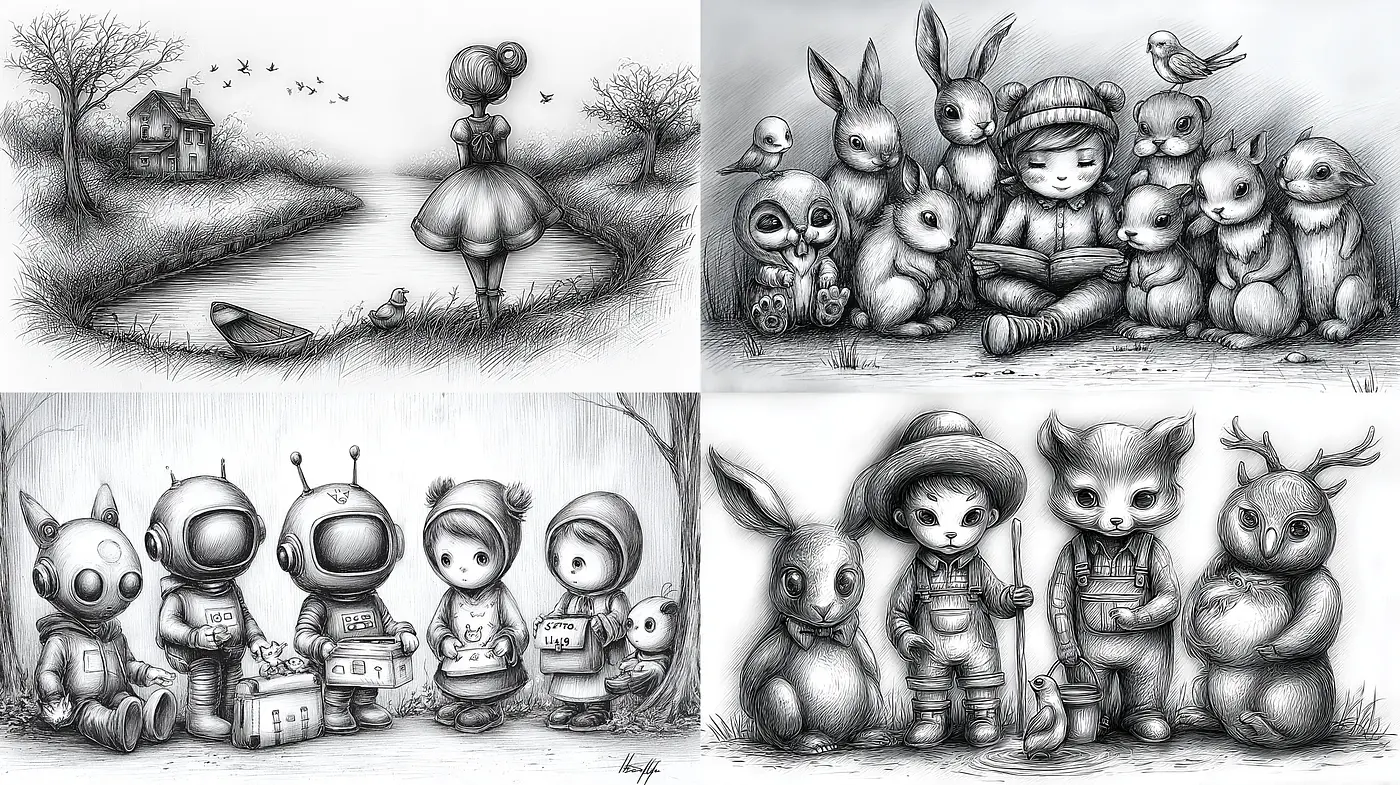 Whimsical Black and White Illustrations with a Touch of Nostalgia - Midjourney sref style