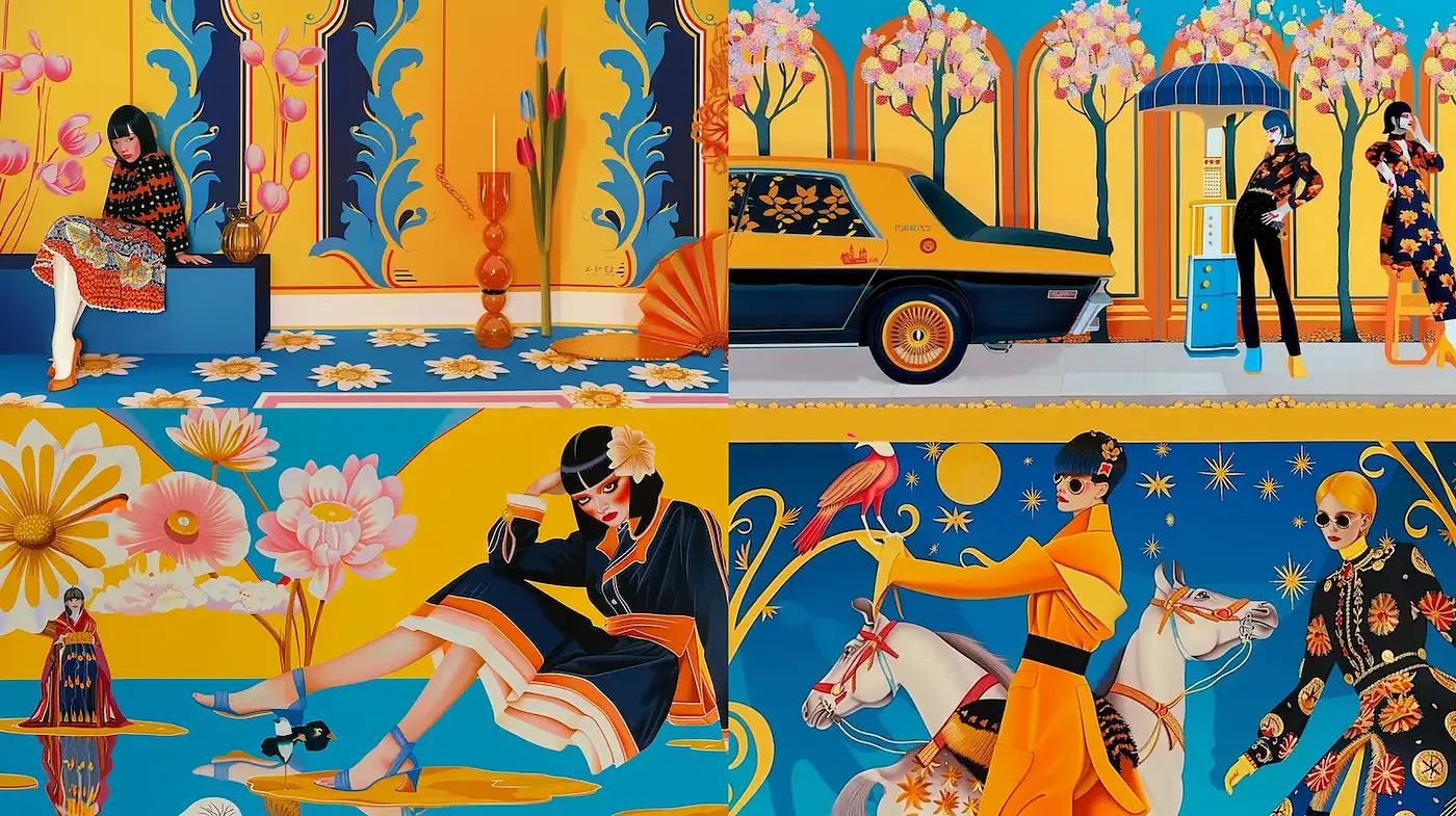 Vibrant and Playful Midcentury Modern Aesthetic with Bold Patterns - Midjourney sref style