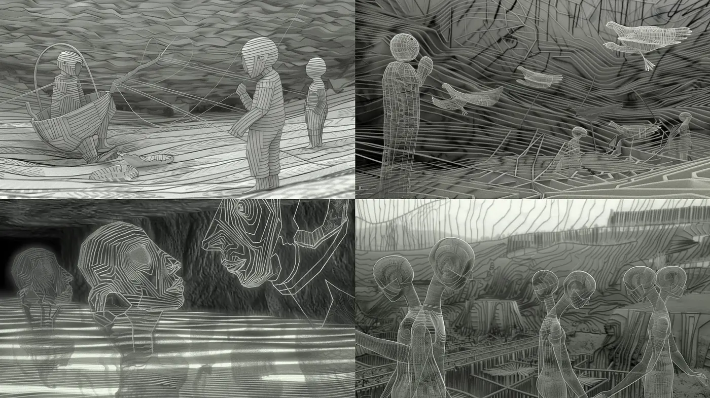 Ethereal Monochrome Tapestry of Light and Shadows - Midjourney sref style