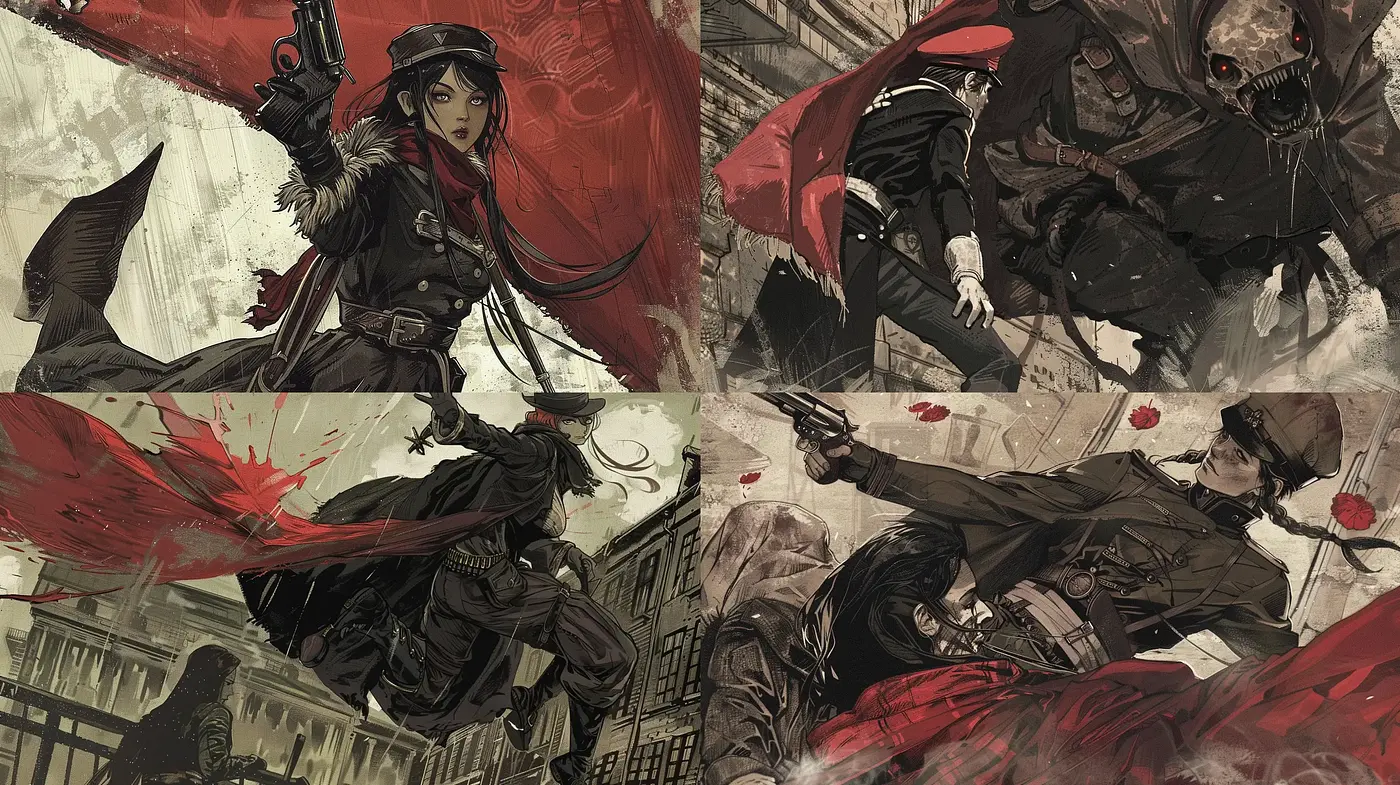 Gritty Dystopian Elegance in Sepia and Crimson - Midjourney sref style