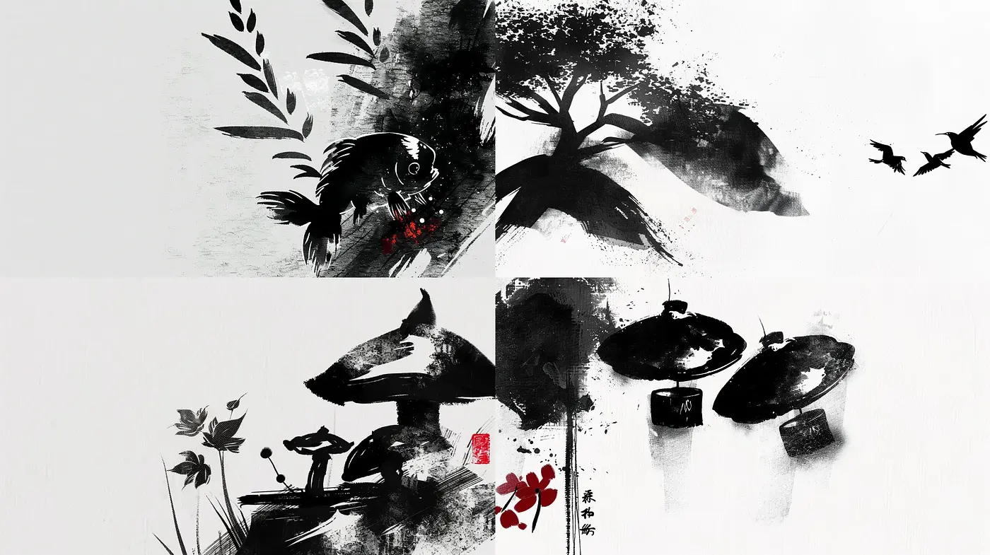 Monochromatic Sumi-e Inspired Brushwork Harmony - Midjourney sref style