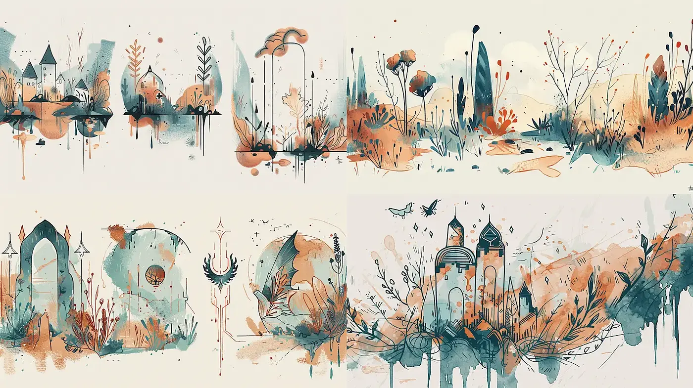 Whimsical and Dreamlike Watercolor Landscapes with Organic Patterns - Midjourney sref style