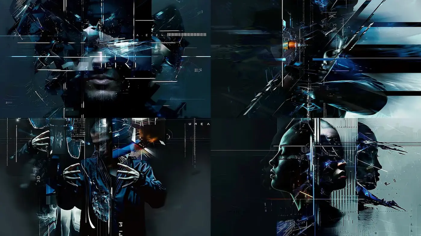 Futuristic Digital Aesthetic with Distorted Elements and Abstract Representations - Midjourney sref style