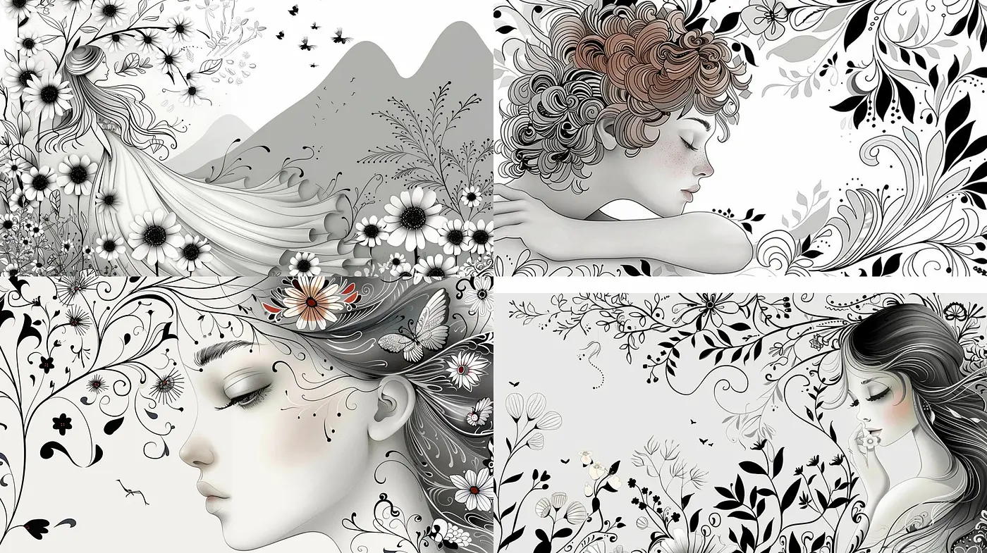 Monochromatic Serenity with Flourish: An Exploration of Shades and Textures in Illustrative Art - Midjourney sref style