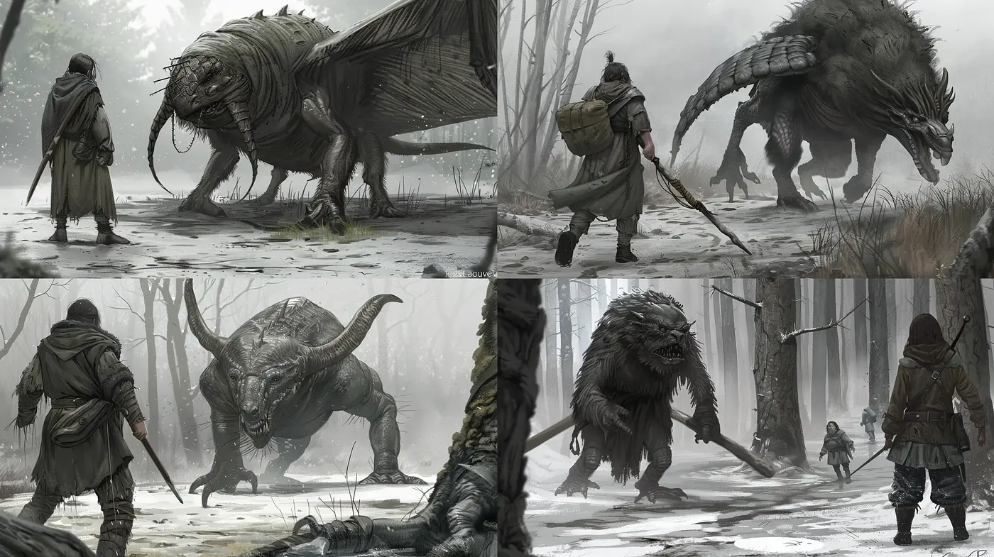 Mystic Monochrome Bestiary: A Homage to Fantastical Creatures and Epic Journeys - Midjourney sref style