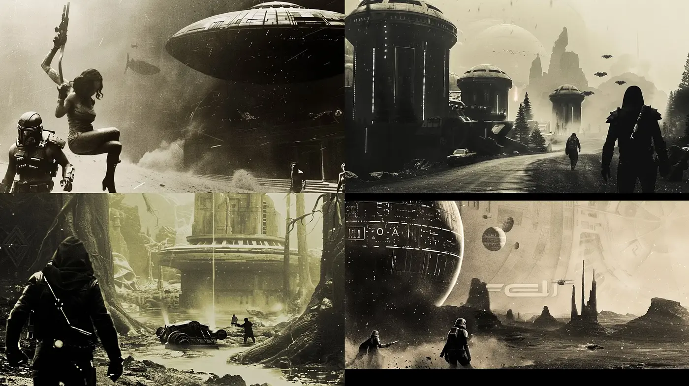 Monochromatic Dystopian Visions with Futuristic Overtones - Midjourney sref style