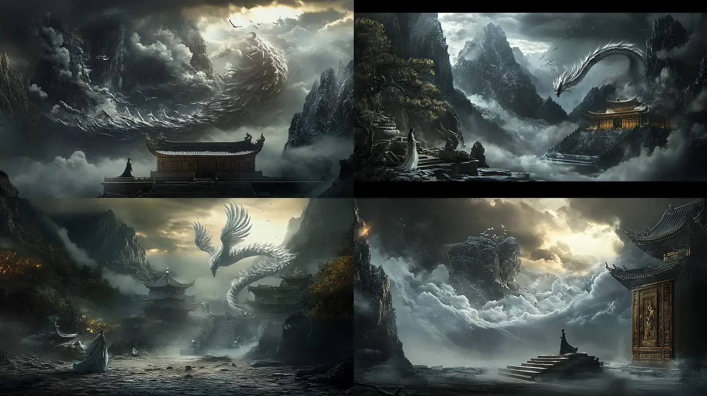 Mythical Dawn: Ethereal Mountainscapes in Monochromatic Majesty - Midjourney sref style