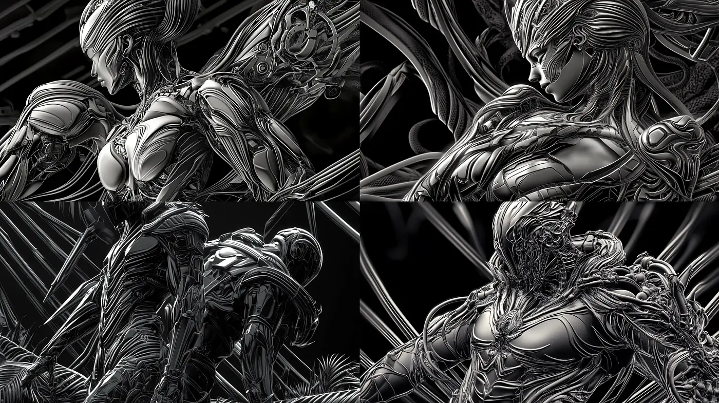Futuristic Biomechanical Symphony in Monochrome - Midjourney sref style
