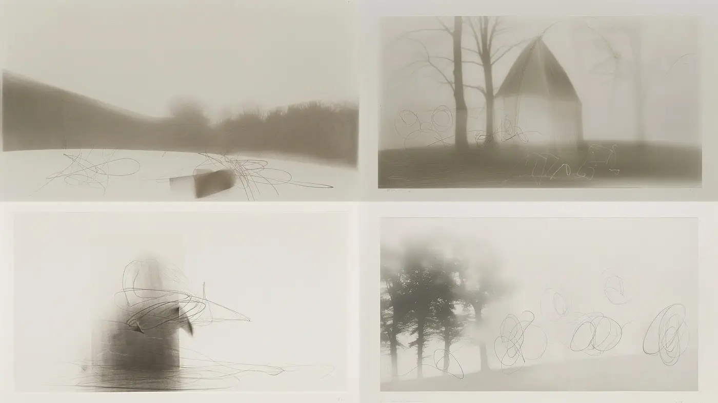 Ethereal Monochrome Landscapes with Dynamic Scribble Embellishments - Midjourney sref style