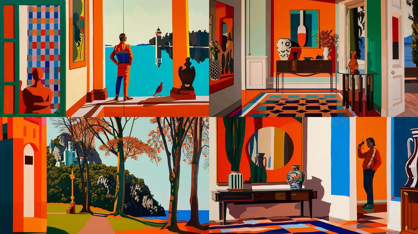 Vibrant Geometric Serenity: A Modernist Homage to Stylized Interiors and Landscapes - Midjourney sref style