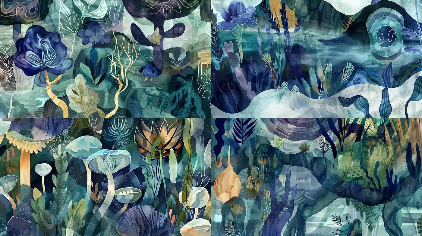 Mysterious Underwater Gardens with a Dreamlike Quality - Midjourney sref style
