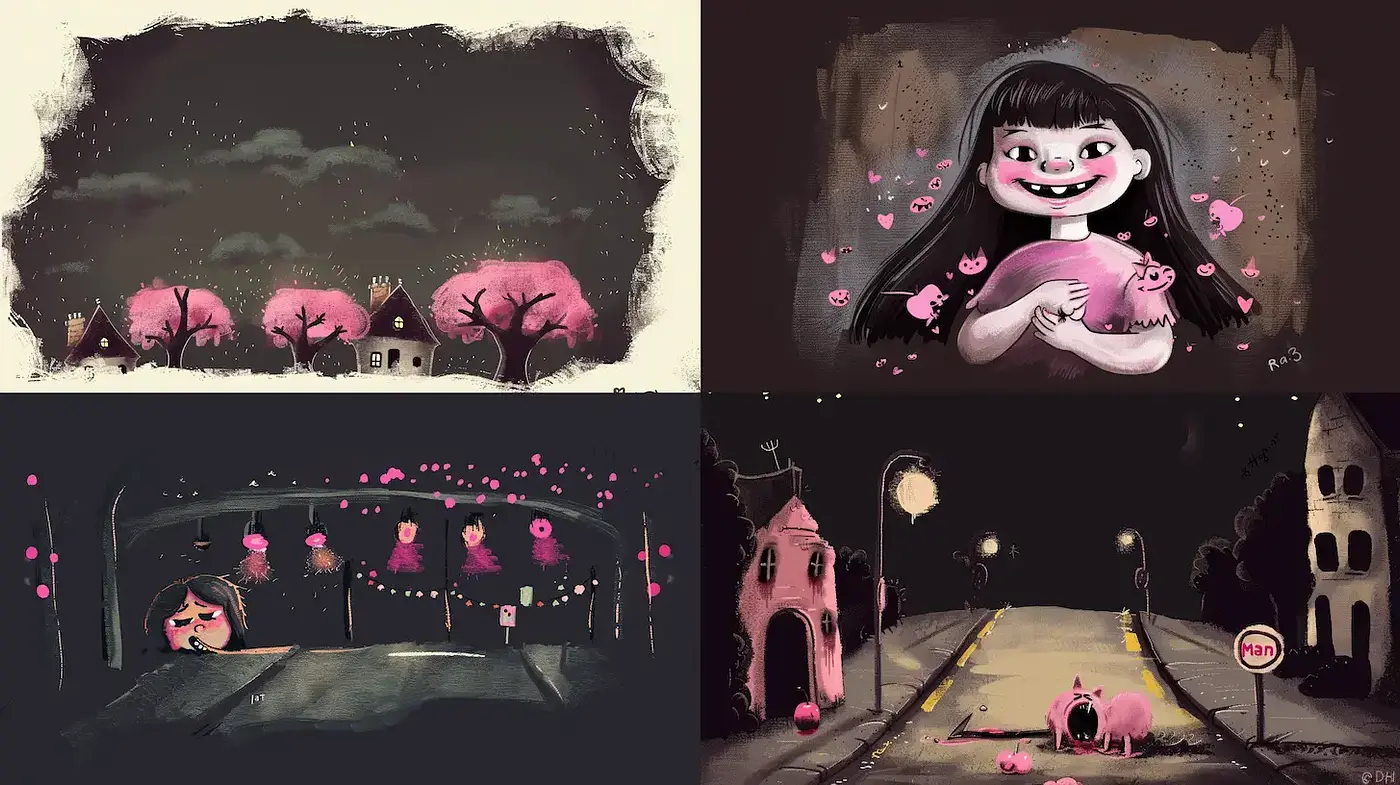 Playful and Whimsical Illustrations with a Dark Undertone - Midjourney sref style