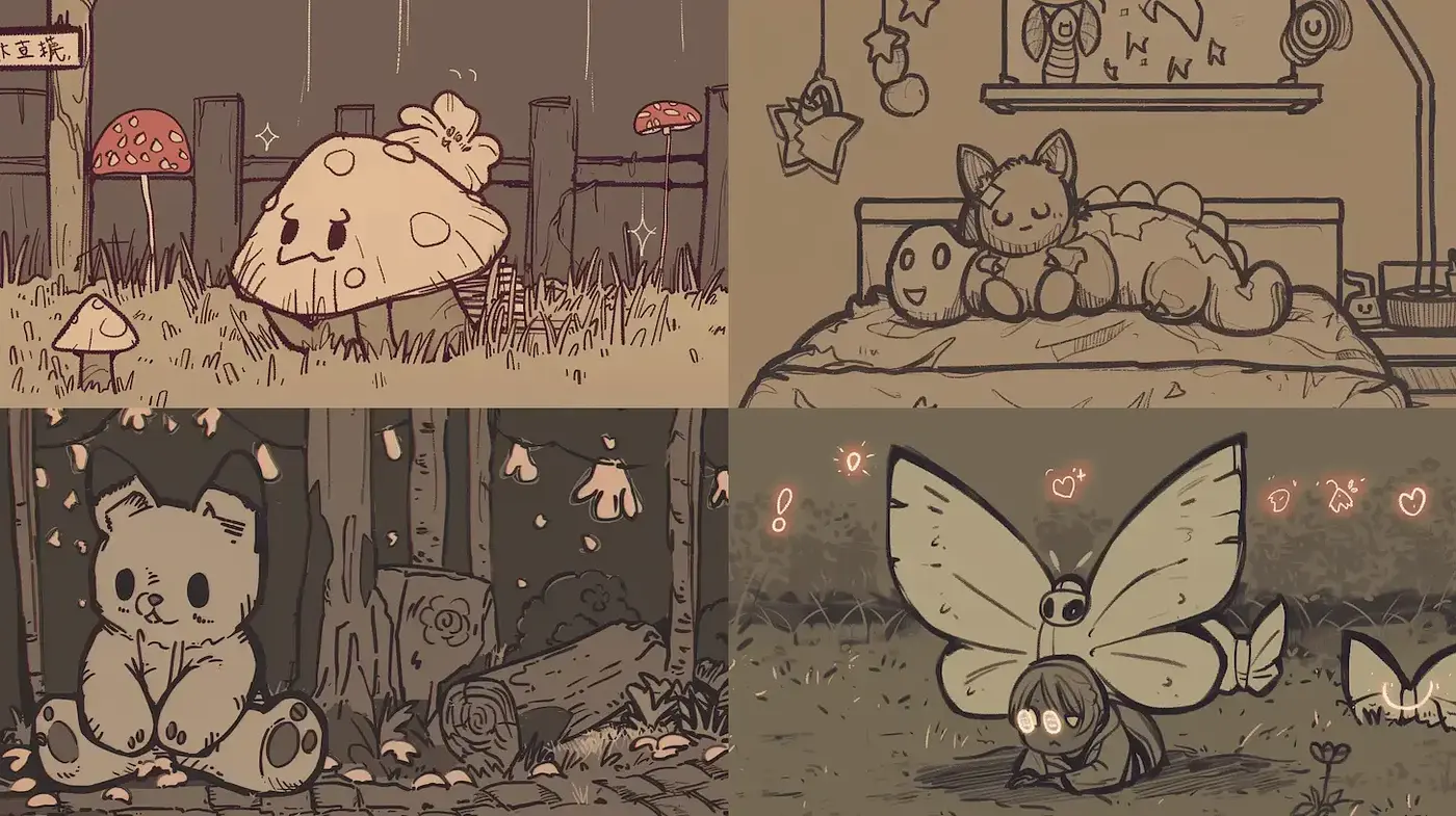 Whimsical and Nostalgic Illustrations with Playful Animal Characters - Midjourney sref style