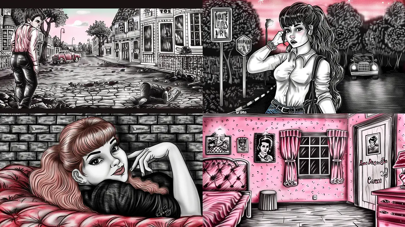 Retro Noir Revival with Vivid Pink Accents - Midjourney sref style