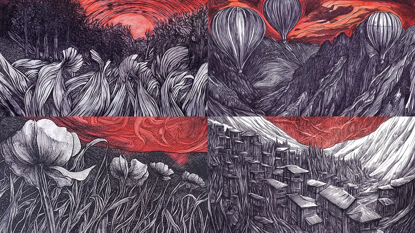 Crimson and Charcoal: Stylized Ink and Wash Landscapes - Midjourney sref style