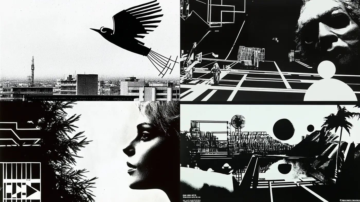 Monochromatic Silhouette Fusion with Abstract Geometric Contrasts - Midjourney sref style