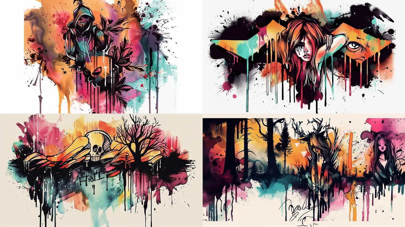 Dripping Melancholia: A Fusion of Watercolor and Street Art Expressions - Midjourney sref style