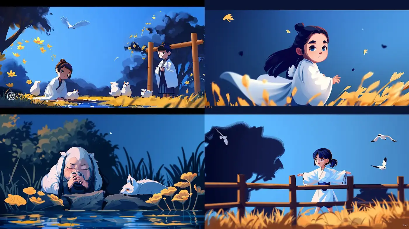Serene and Playful Animated Landscape with Traditional Influence - Midjourney sref style