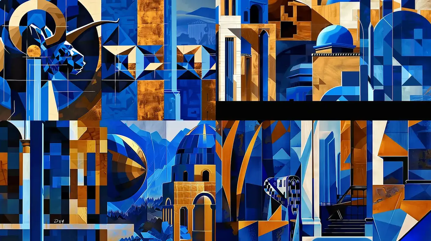 Geometric Abstraction with a Vintage Touch and a Bold Blue Palette - Midjourney sref style