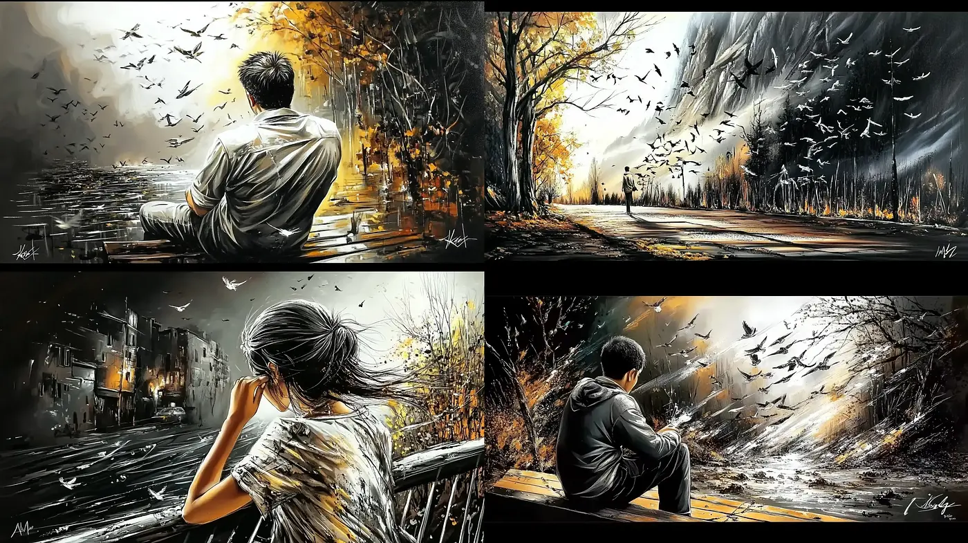 Solitary Figures Amidst Dynamic Brushstrokes and Amber Hues - Midjourney sref style