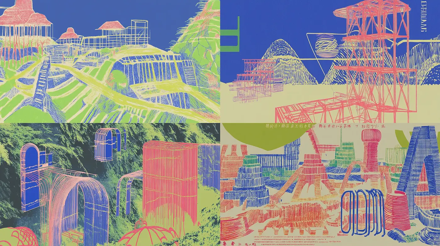 Vibrant Contrasting Hues in Stylized Architectural Dreamscape - Midjourney sref style