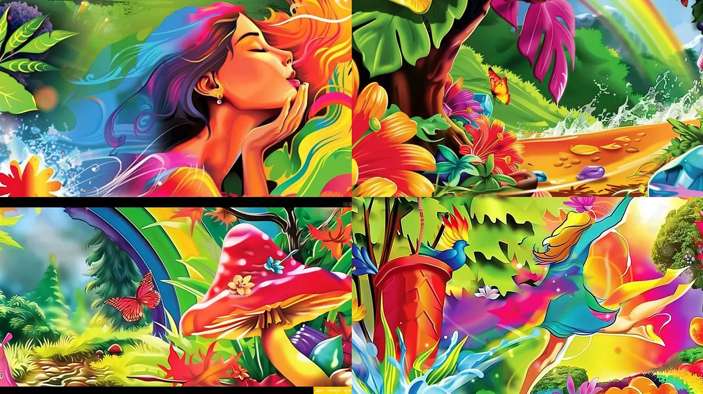 Vibrant Dreamscape: A Surreal Fusion of Vivid Hues and Whimsical Imagery - Midjourney sref style