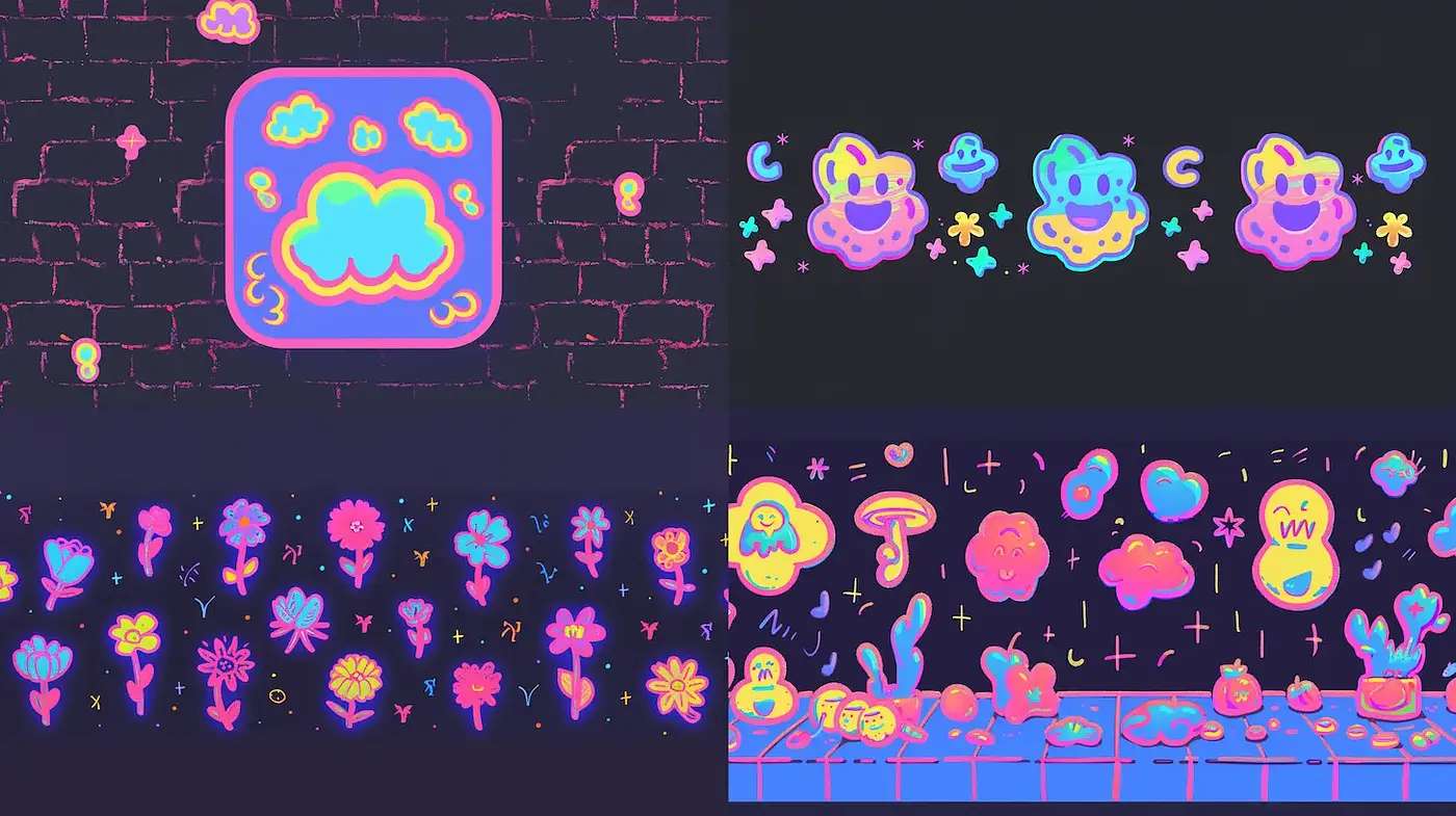 Playful Neon Aesthetic with Whimsical Elements - Midjourney sref style